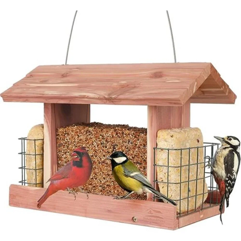 US Cedar Hopper Bird Feeder for Outdoors Hanging, Handcrafted Wood